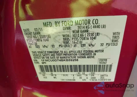 2011 Ford Escape Xlt z USA, uszkodzony, nr VIN 1FMCU0D74BKB59258